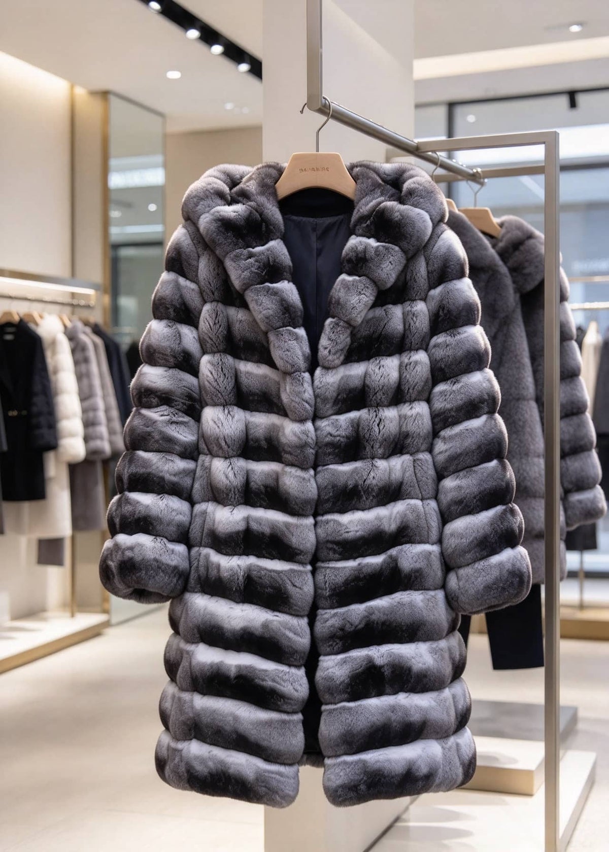 Dynamic side-angle full-body look showing the flowing hemline and silhouette of the leopard faux fur maxi coat.  