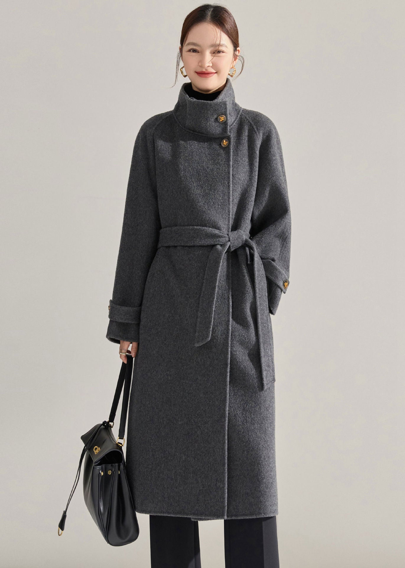Stand Collar Belted Wrap Wool Long Coat – Vivian Seven