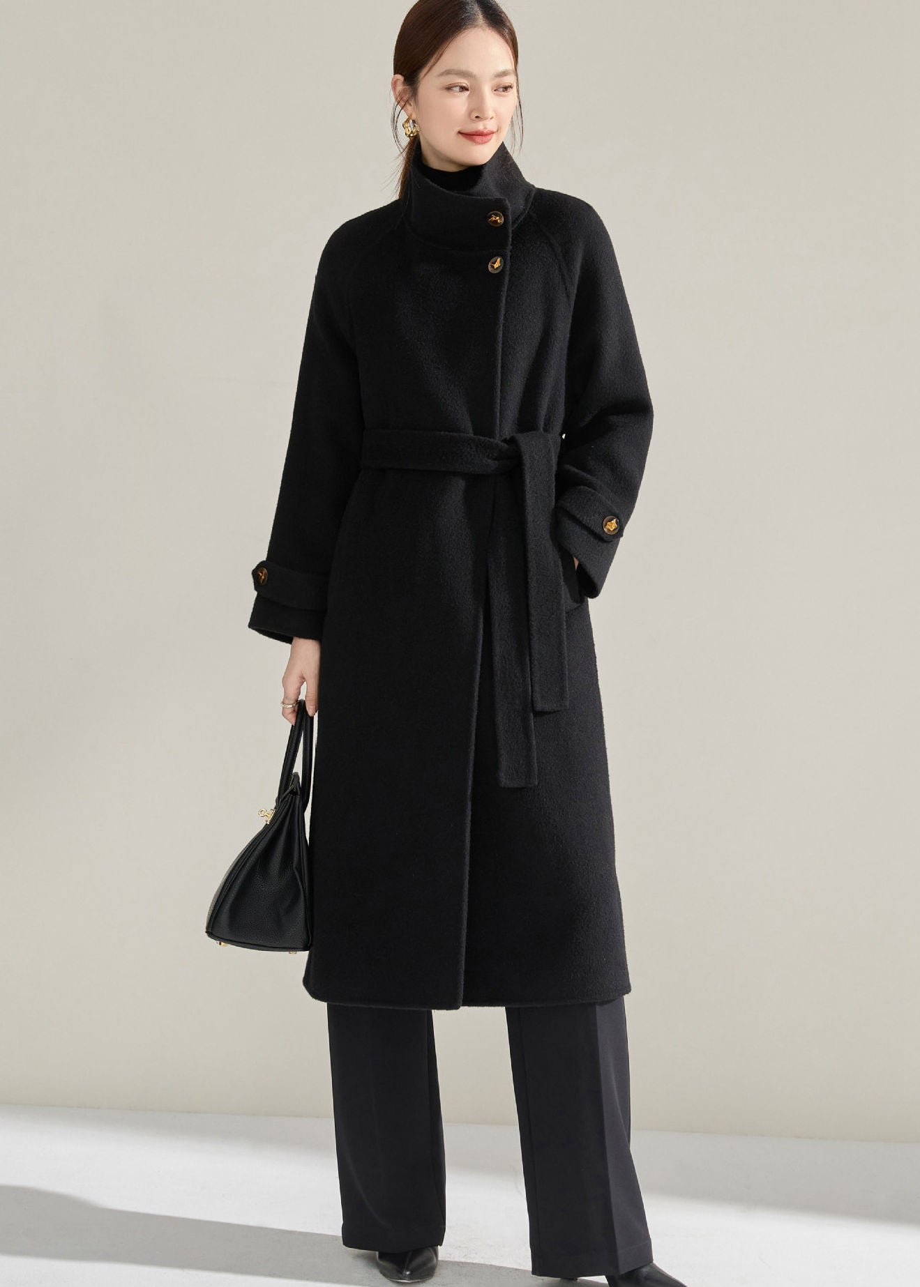 Stand Collar Belted Wrap Wool Long Coat – Vivian Seven
