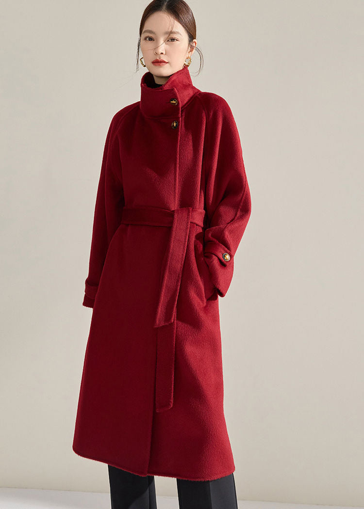 Vivian Seven Women's Winter Stand Collar Belted Wrap Wool Long Coat Red