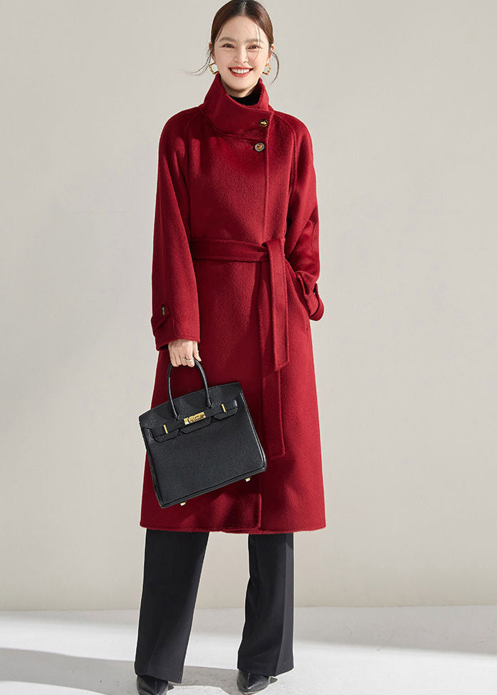 Stand Collar Belted Wrap Wool Long Coat Red / S Stand Collar Belted Wrap Wool Long Coat Red / S