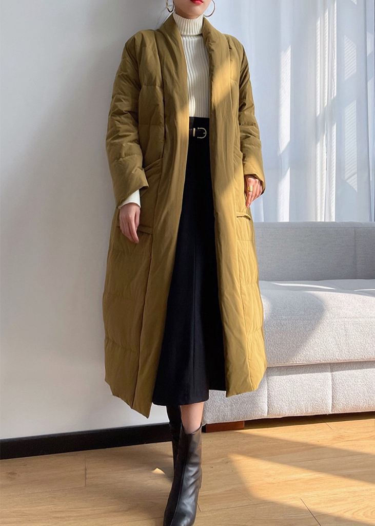 Women's Yellow Shawl Collar Belted Wrap Long Down Puffer Coat