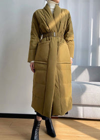 Women's Yellow Shawl Collar Belted Wrap Long Down Puffer Coat