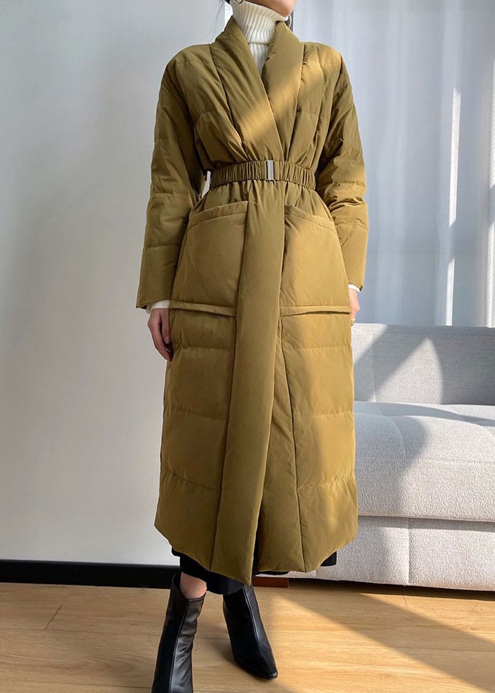 Women's Yellow Shawl Collar Belted Wrap Long Down Puffer Coat