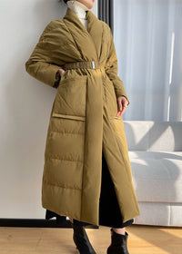 Women's Yellow Shawl Collar Belted Wrap Long Down Puffer Coat