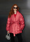 Women's Winter Flower Belted Shaw Collar Down Puffer Coat