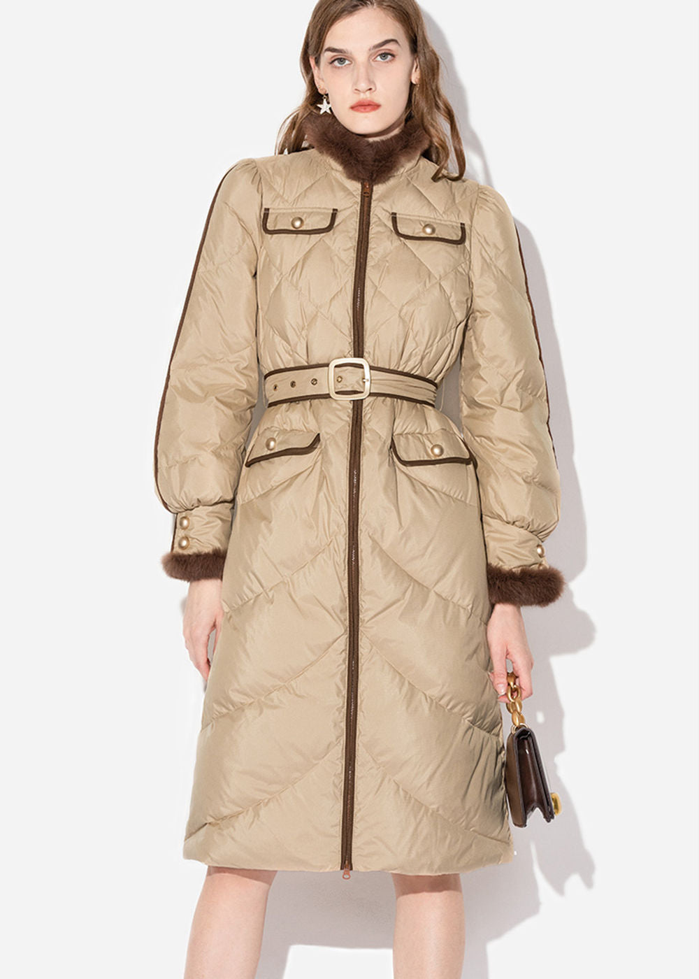 Belted Puff Sleeve Rabbit Fur Down Coat | Winter Jacket – Vivian Seven