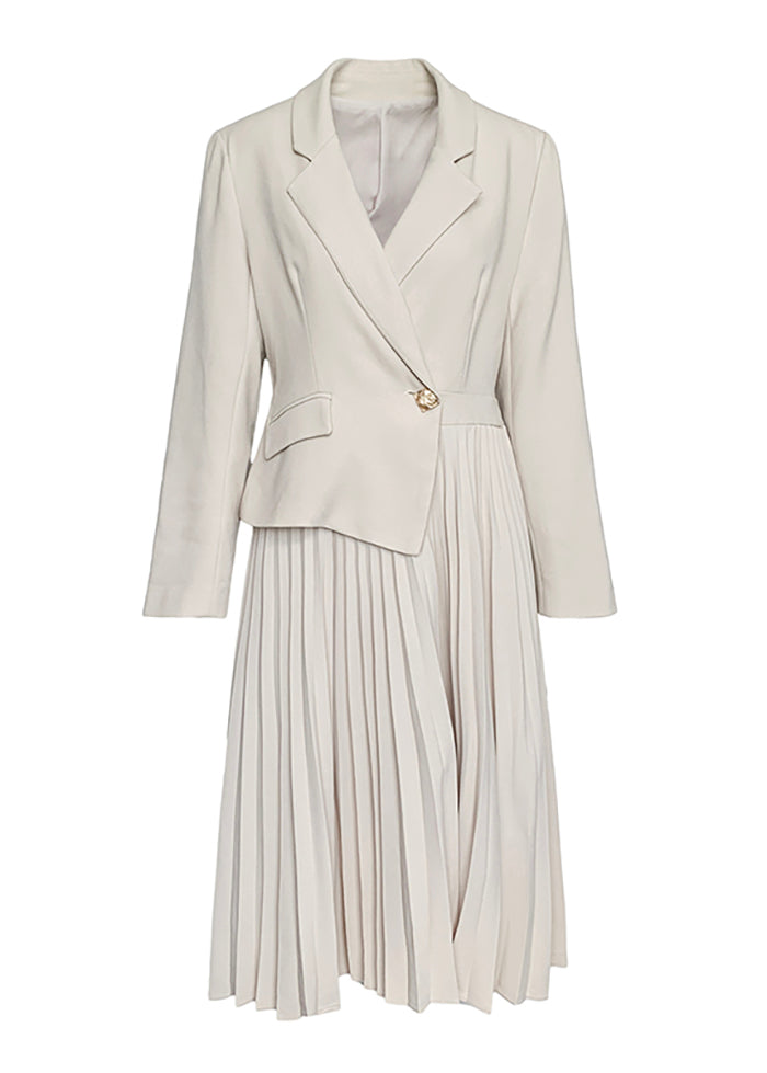 long sleeve button front pleated blazer dress in white woven Long Sleeve Button Front Pleated Blazer Dress In White Woven | EGO US