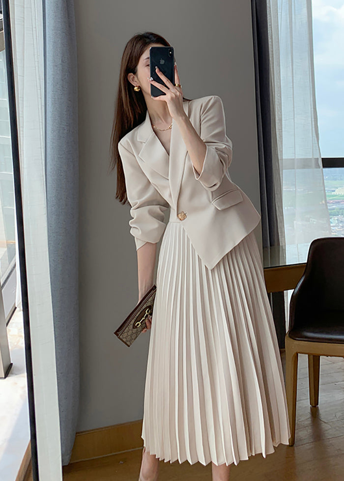 Blazer Dress With Pleated Skirt Long Sleeve One Button Blazer