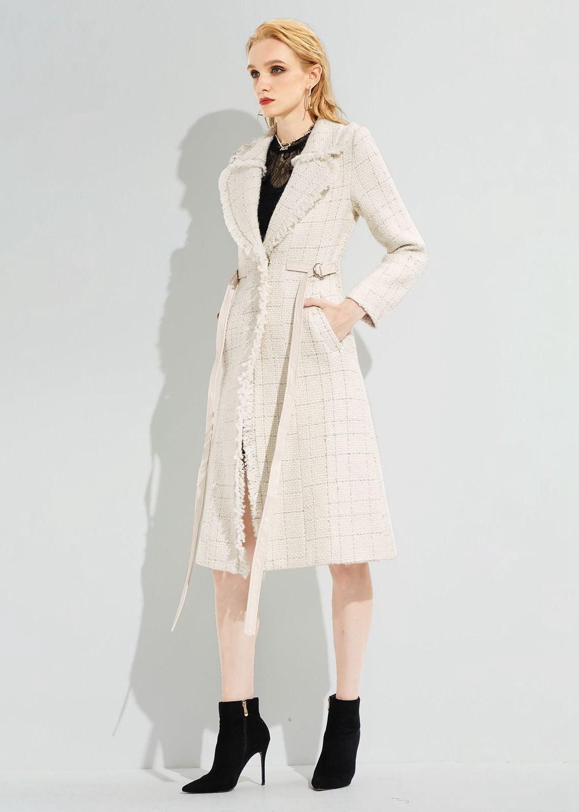 Carmen Tassel Hem Belted Wool Blend Tweed Coat