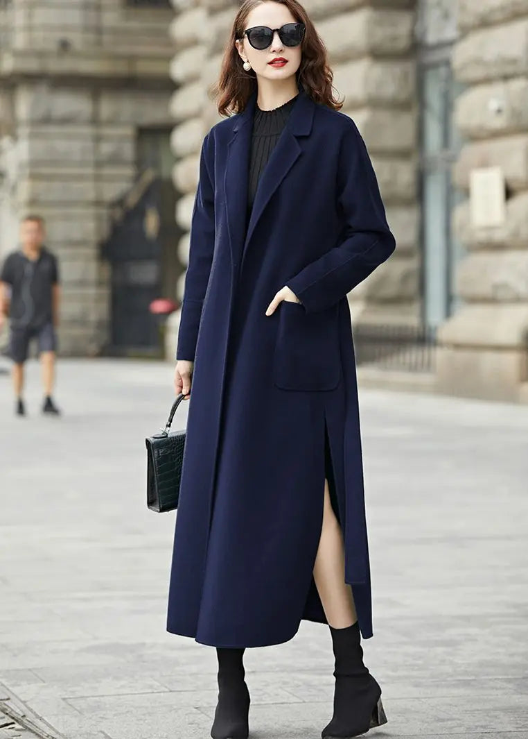 Navy blue top womens wool coat