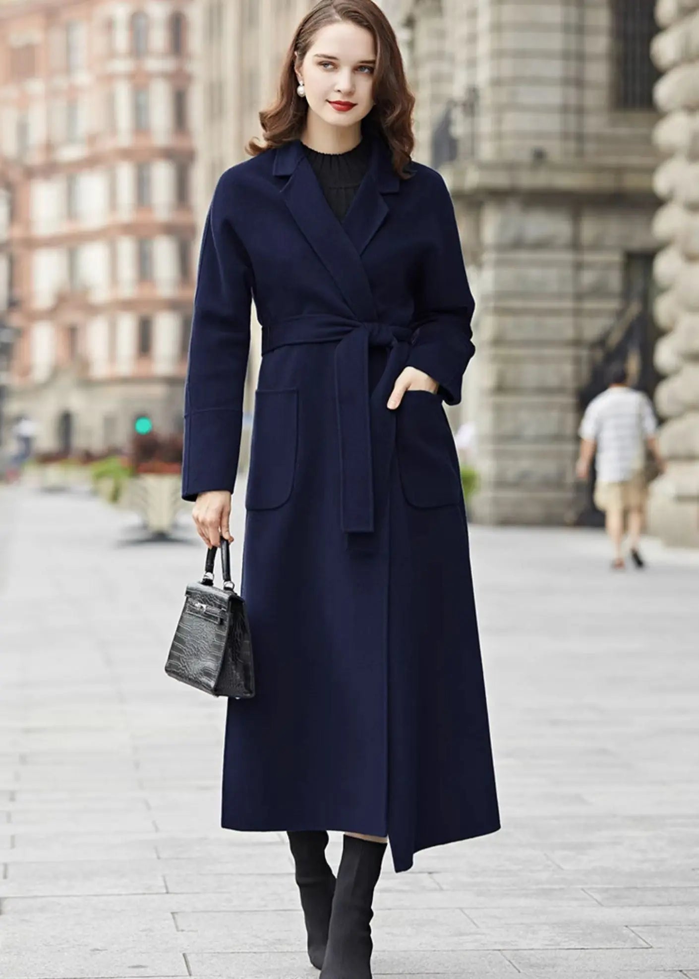 Long navy blue coat on sale womens