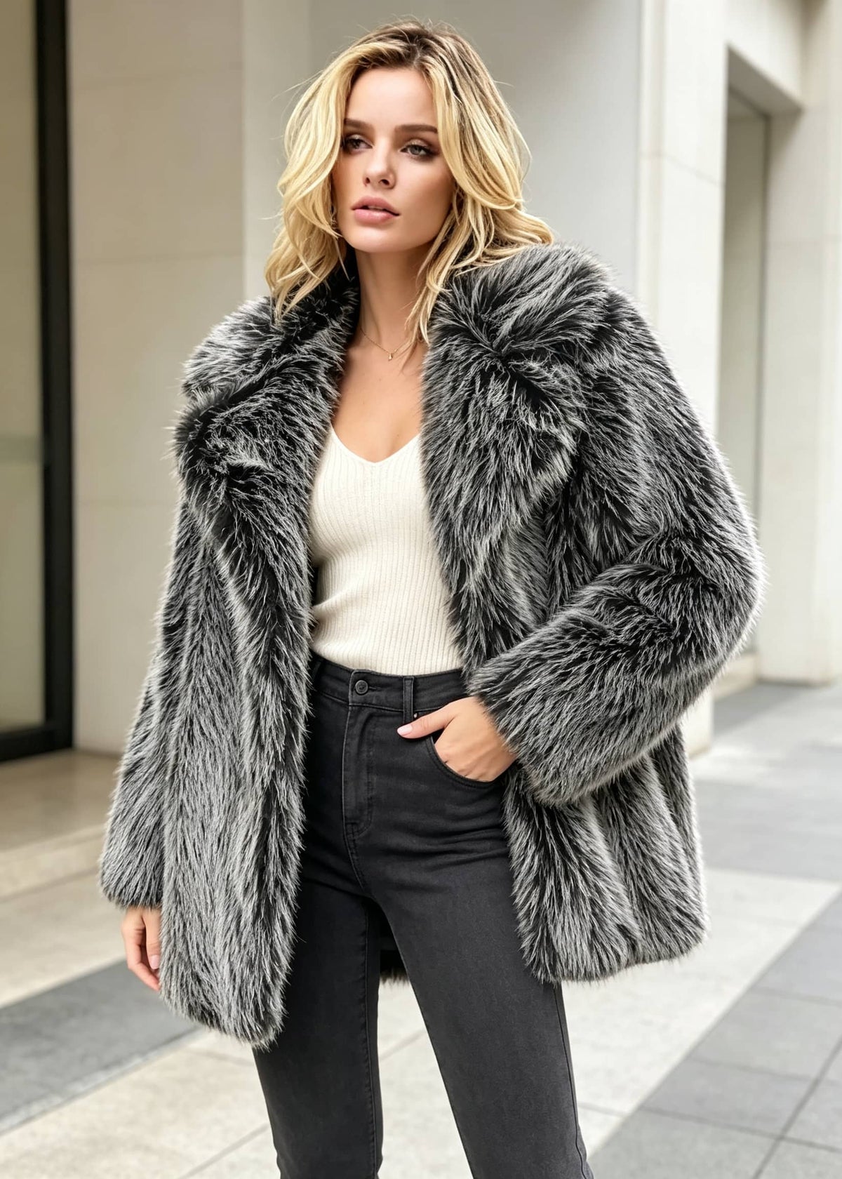 Full front view of a woman outdoors modeling an open charcoal grey textured faux fur coat over a white top and black pants.