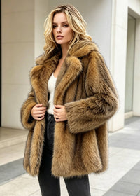 Front shot of a model outdoors holding the lapels of a warm brown faux fur spread collar coat over a white top and dark jeans.