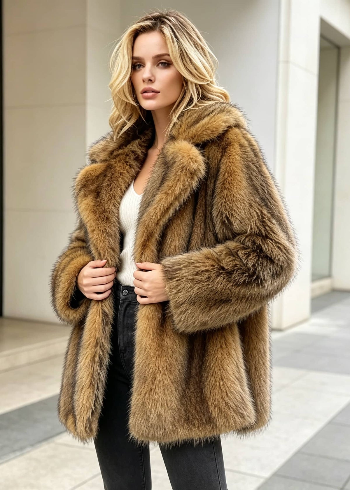 Front shot of a model outdoors holding the lapels of a warm brown faux fur spread collar coat over a white top and dark jeans.