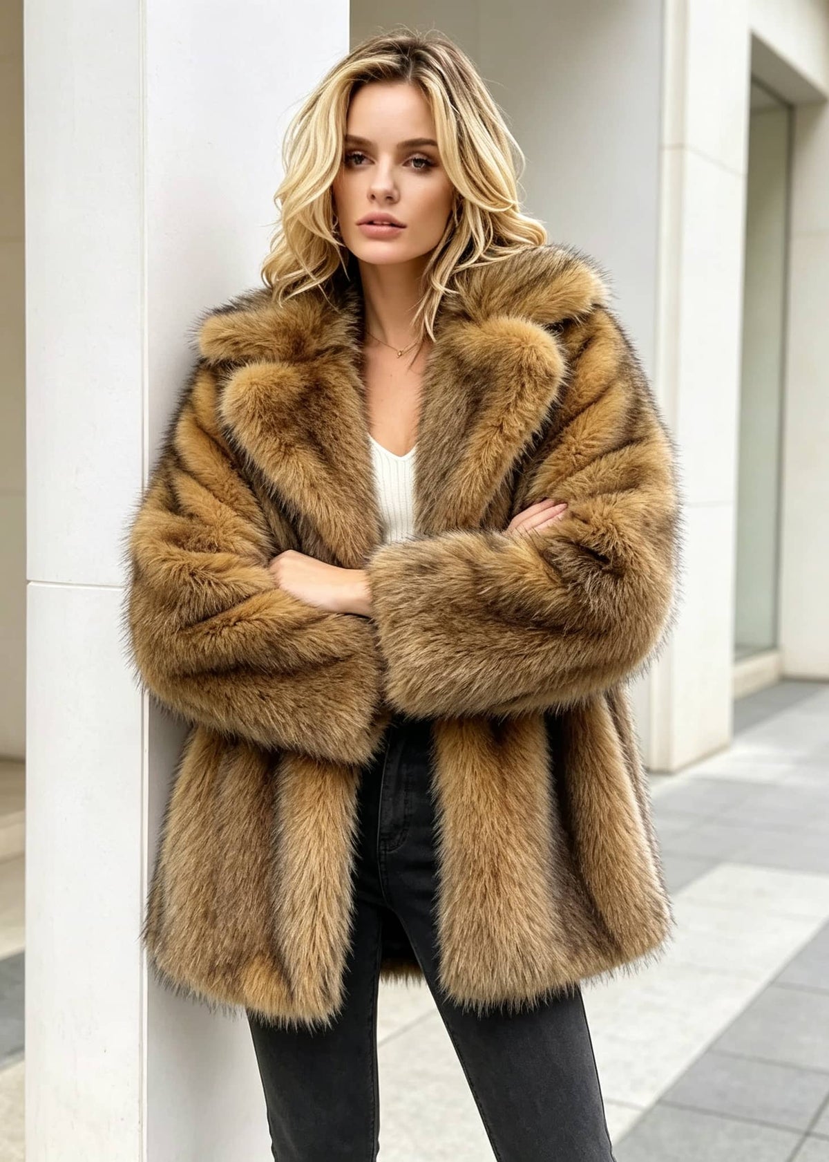 Front view of a blonde woman leaning against an outdoor pillar, wearing a brown faux fur coat over a white top and dark jeans with arms crossed.