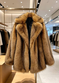 Front product shot of the Vivian Seven women's golden brown faux fur coat hanging on a clothing rack in a boutique.