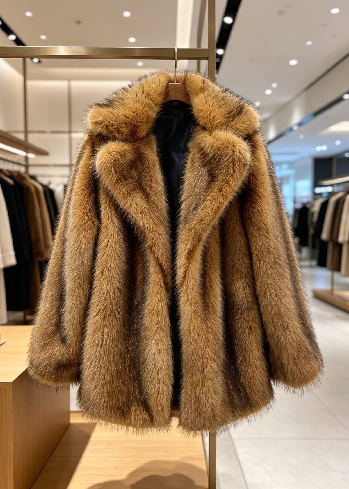 Front product shot of the Vivian Seven women's golden brown faux fur coat hanging on a clothing rack in a boutique.