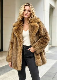 Model outdoors wearing an open brown faux fur spread collar coat paired with a white knit top and black jeans, posing with one hand in her pocket.