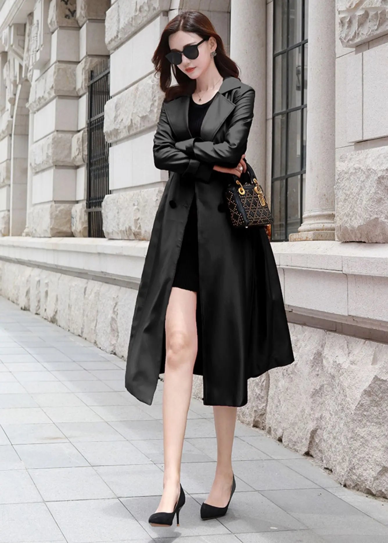 Black flared shop trench coat