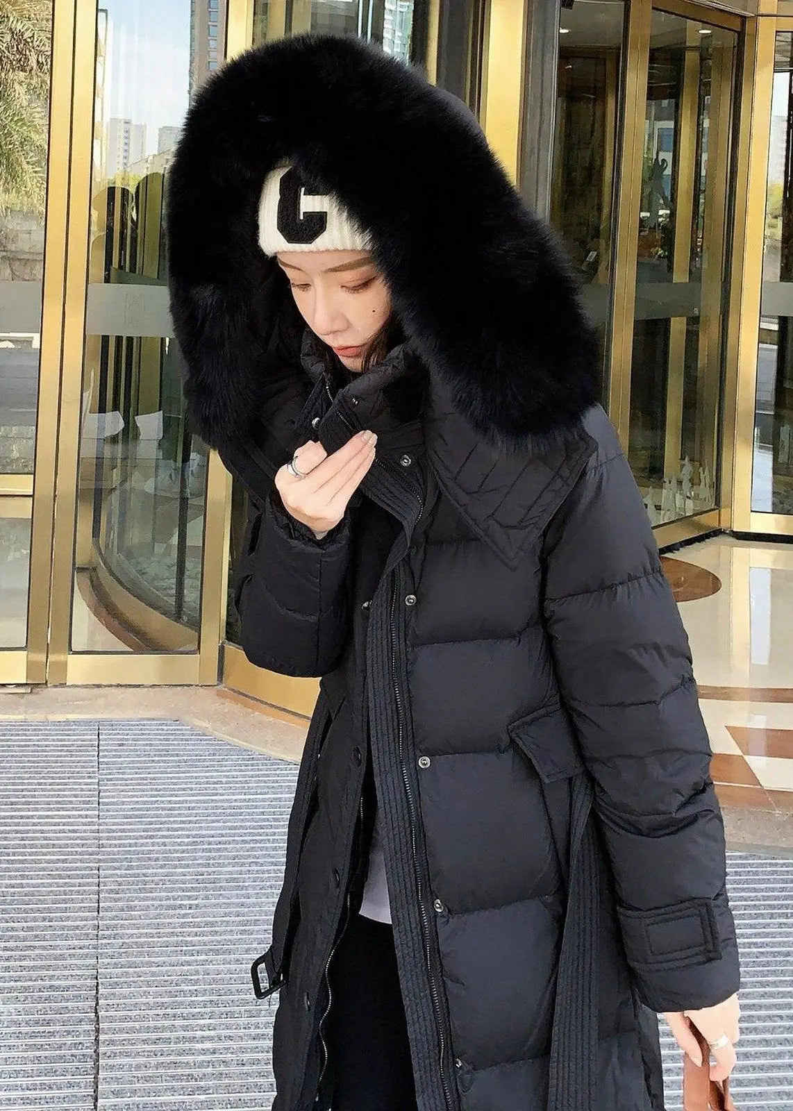 Phoebe Fox Fur Collar Hooded Down Puffer Long Coat | Vivian Seven