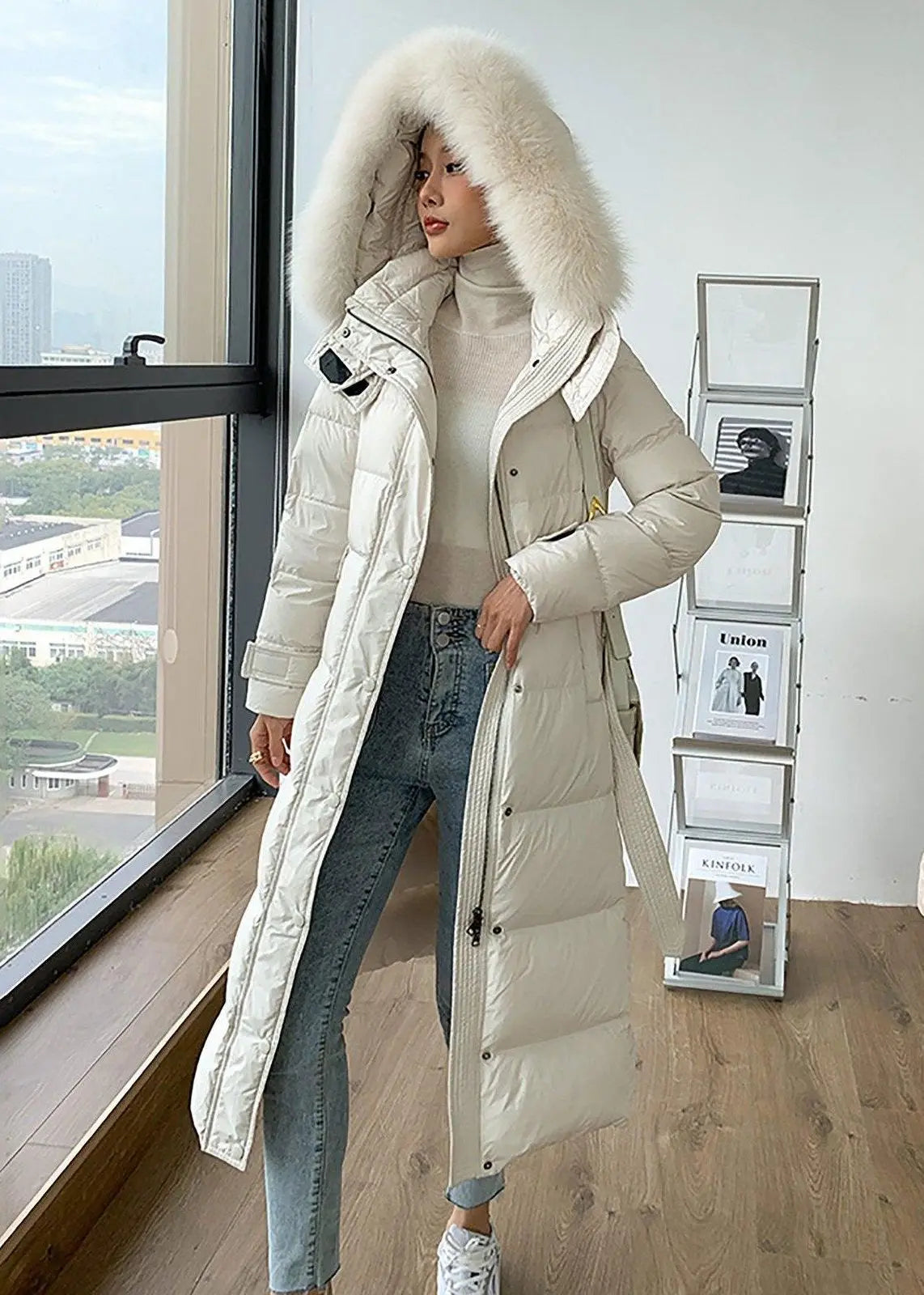 Phoebe Fox Fur Collar Hooded Down Puffer Long Coat - Vivian Seven