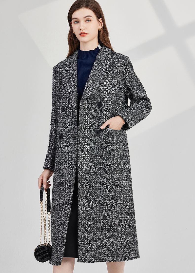 Sequin Wool Blend Tweed Double Breasted Long Coat – Vivian Seven