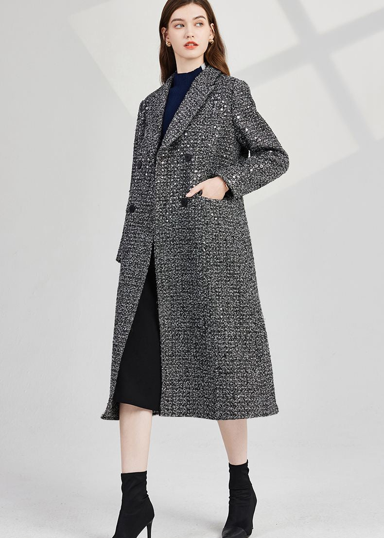 Sequin Wool Blend Tweed Double Breasted Long Coat – Vivian Seven