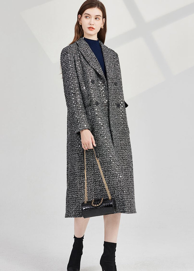 Sequin Wool Blend Tweed Double Breasted Long Coat