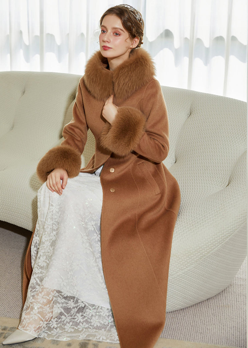 Women's Winter Double Face Alpaca Wool Fox Fur Collar Belted Long Coat