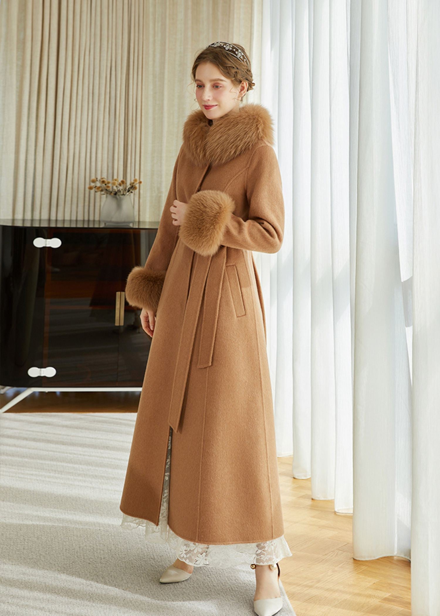 Double Face Alpaca Wool Fox Fur Collar Belted Long Coat – Vivian Seven