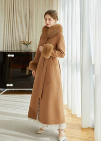 Women's Winter Double Face Alpaca Wool Fox Fur Collar Belted Long Coat