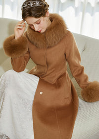 Women's Winter Double Face Alpaca Wool Fox Fur Collar Belted Long Coat