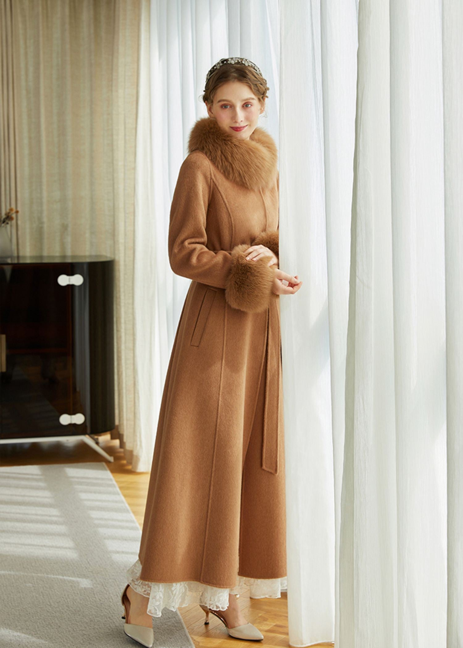 Double Face Alpaca Wool Fox Fur Collar Belted Long Coat – Vivian Seven
