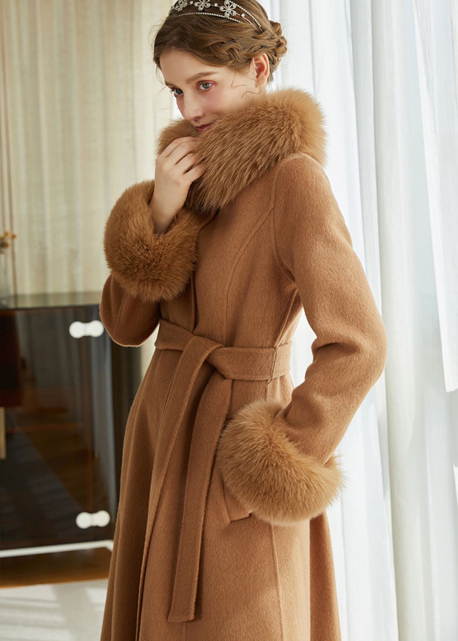 Double Face Alpaca Wool Fox Fur Collar Belted Long Coat – Vivian Seven