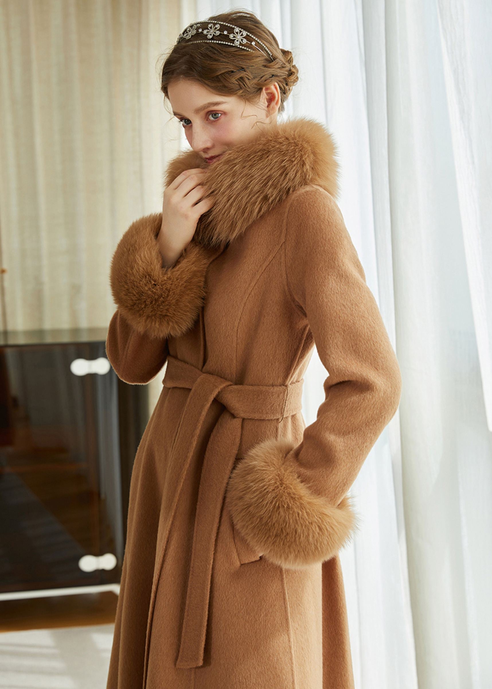 Double Face Alpaca Wool Fox Fur Collar Belted Long Coat – Vivian Seven