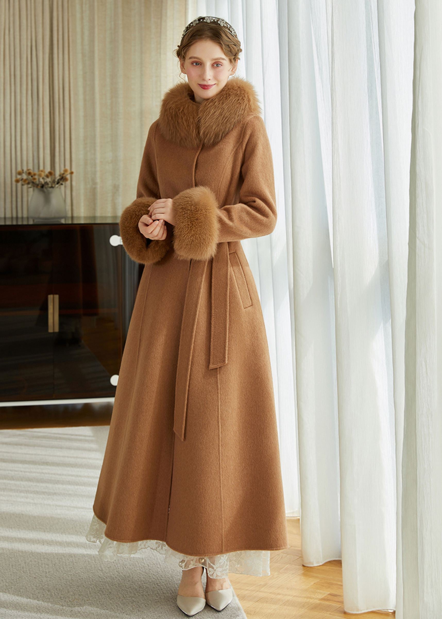Double Face Alpaca Wool Fox Fur Collar Belted Long Coat Brown / M Double Face Alpaca Wool Fox Fur Collar Belted Long Coat Brown / M