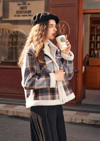 Classic Plaid Wool Fur Button Short Jacket