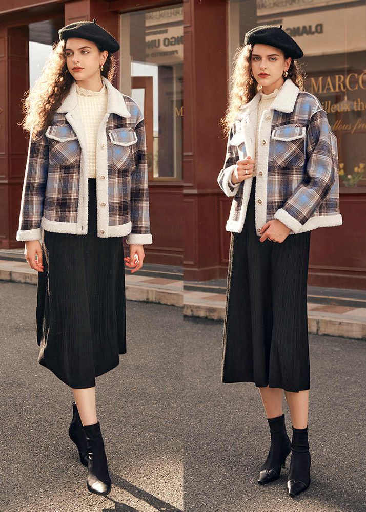 Classic Plaid Wool Fur Button Short Jacket