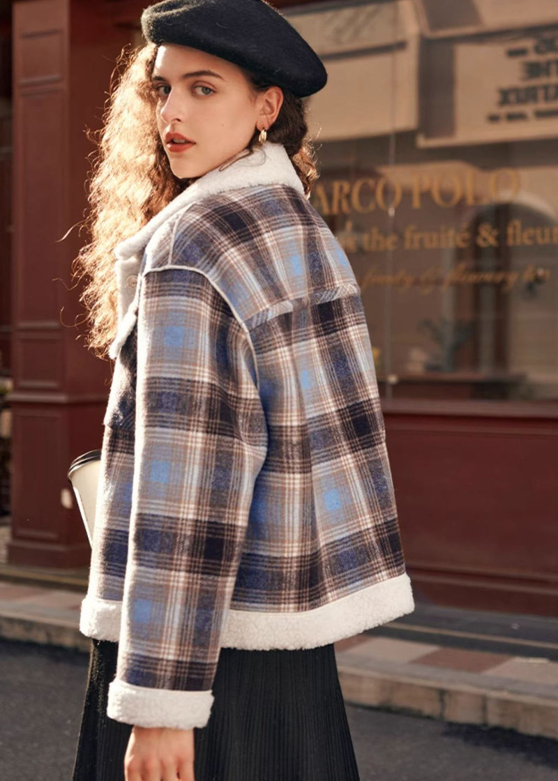 Classic Plaid Wool Fur Button Short Jacket