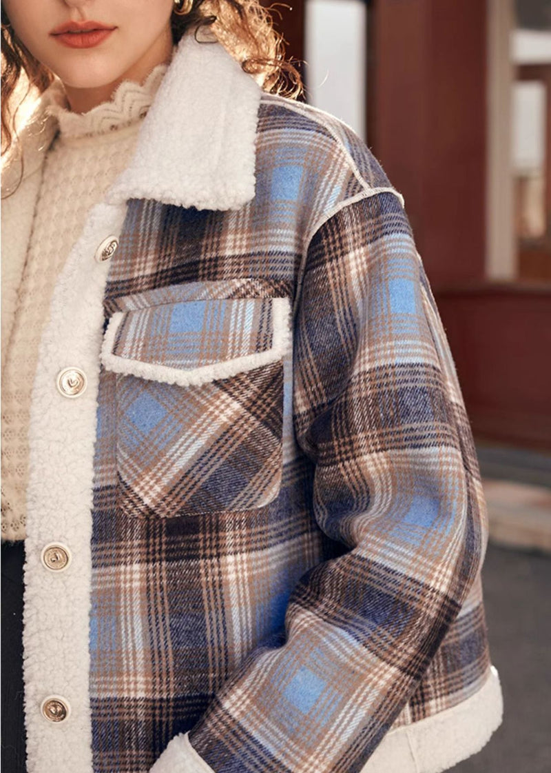 Classic Plaid Wool Fur Button Short Jacket