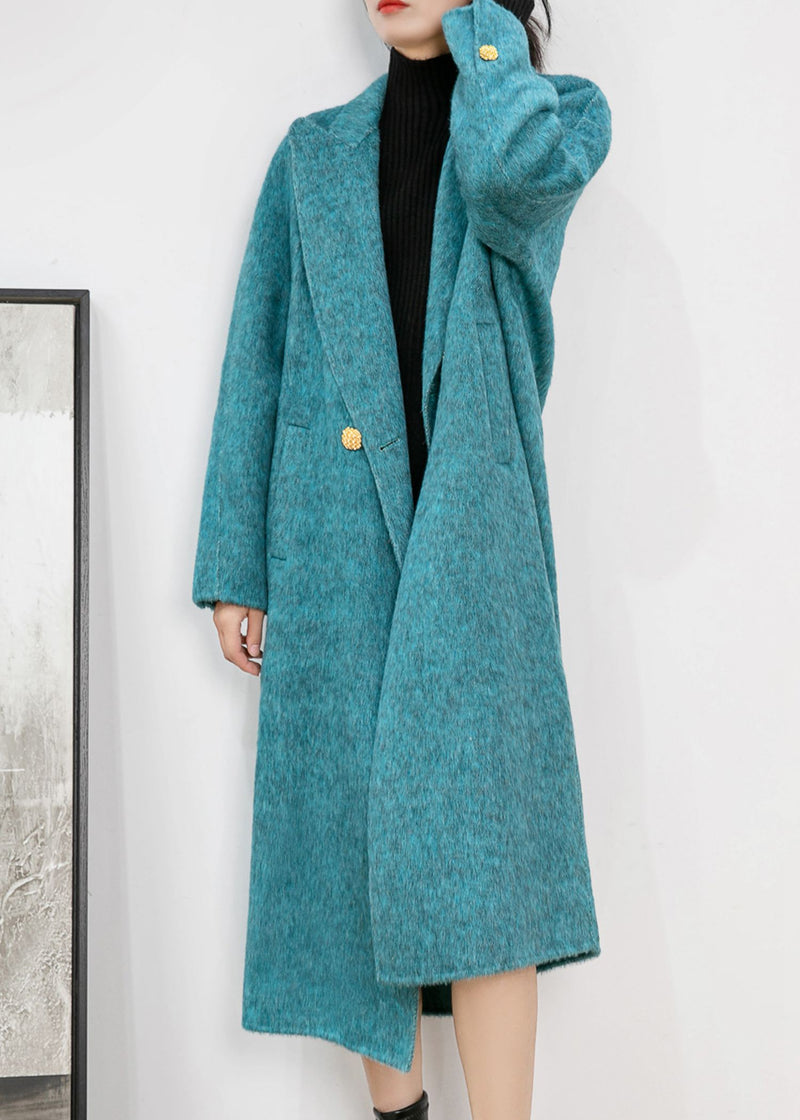 Women's Winter Aqua Two Button Double Face Wool Blend Fleece Long Coat