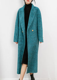 Women's Winter Aqua Two Button Double Face Wool Blend Fleece Long Coat