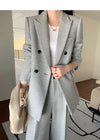 Women's Gray Wool Blend Belted Double Breasted Blazer Wide Leg Pants Suit