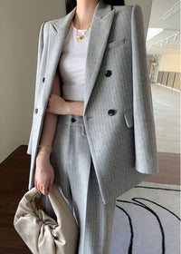 Women's Gray Wool Blend Belted Double Breasted Blazer Wide Leg Pants Suit