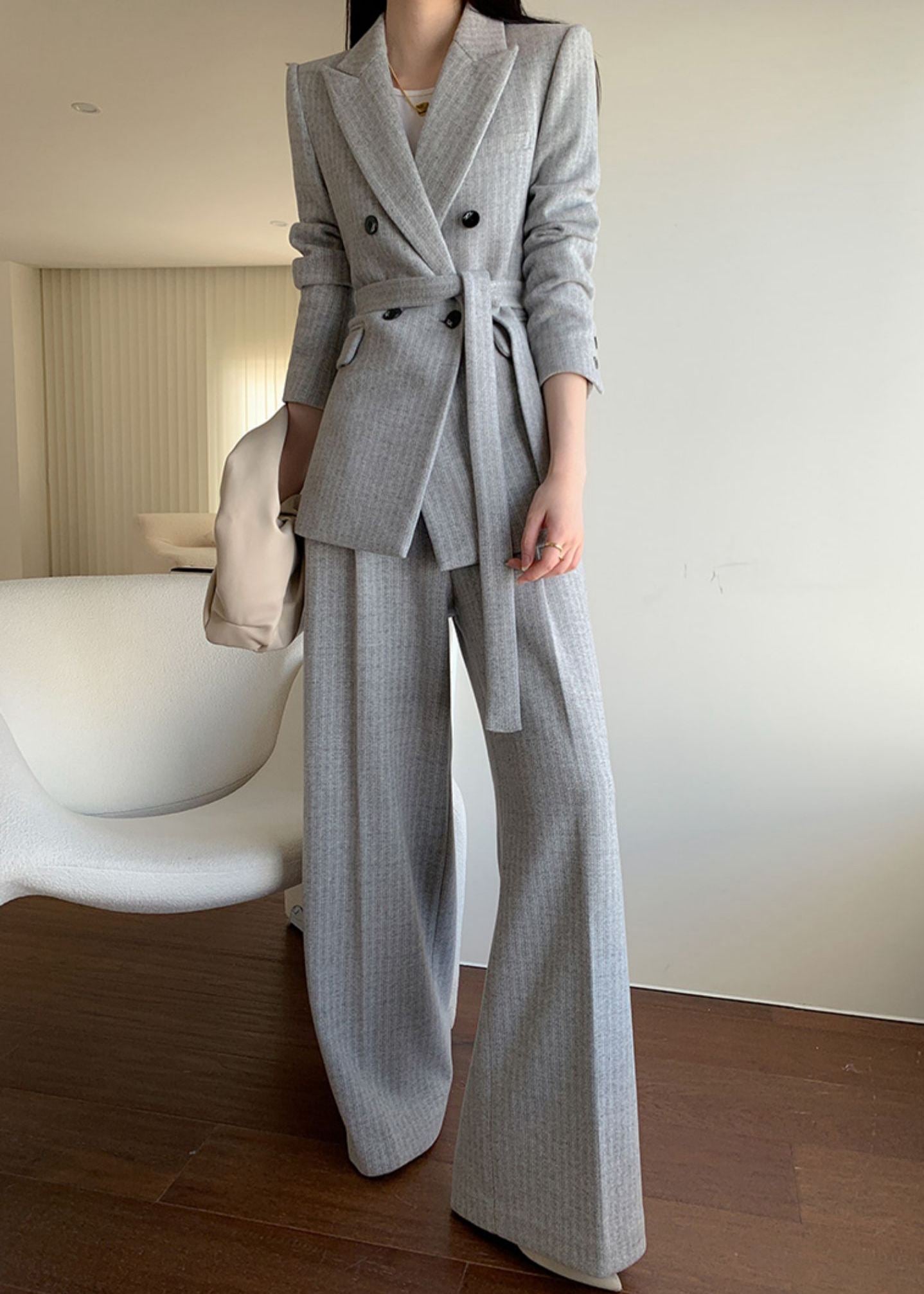Gray Wool Blend Belted Double Breasted Blazer Wide Leg Pants Suit