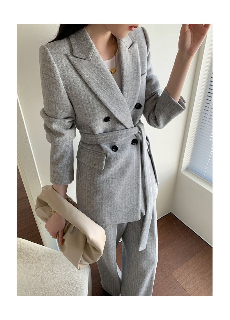 Women's Gray Wool Blend Belted Double Breasted Blazer Wide Leg Pants Suit