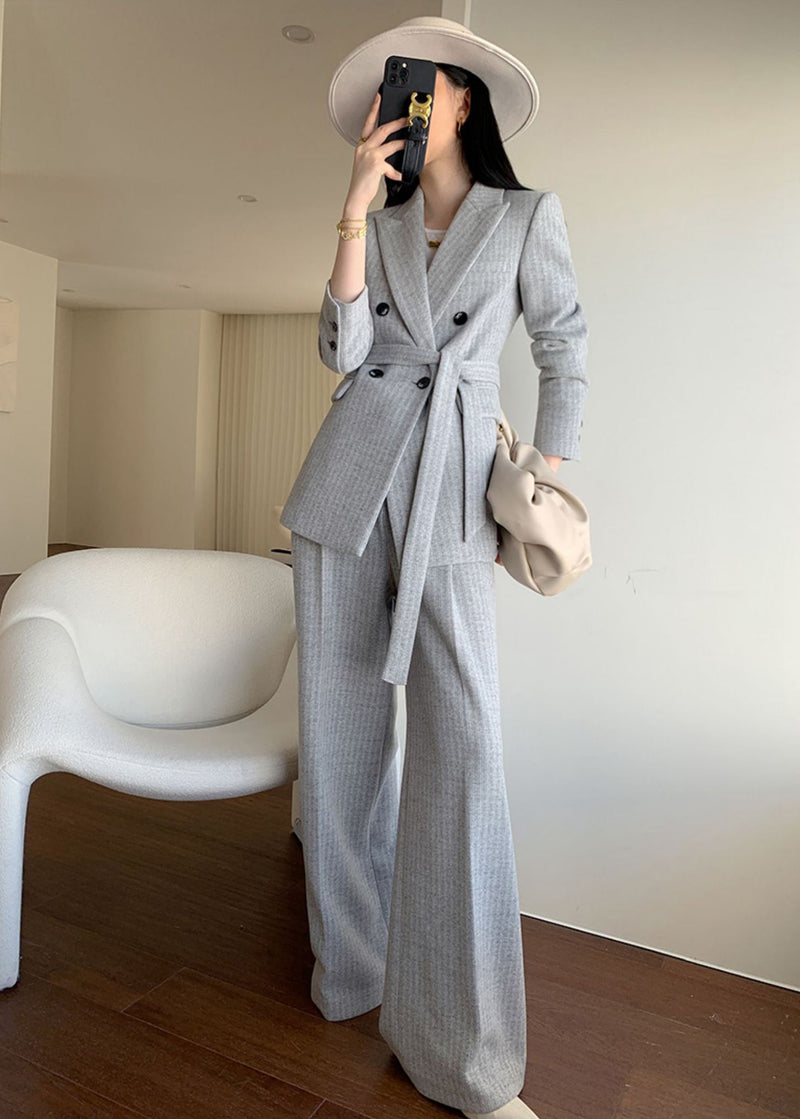 Women's Gray Wool Blend Belted Double Breasted Blazer Wide Leg Pants Suit