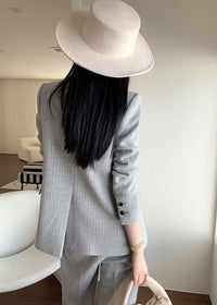 Women's Gray Wool Blend Belted Double Breasted Blazer Wide Leg Pants Suit