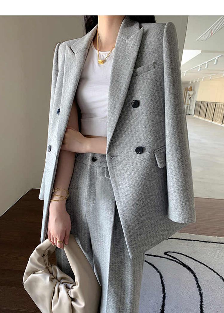 Women's Gray Wool Blend Belted Double Breasted Blazer Wide Leg Pants Suit